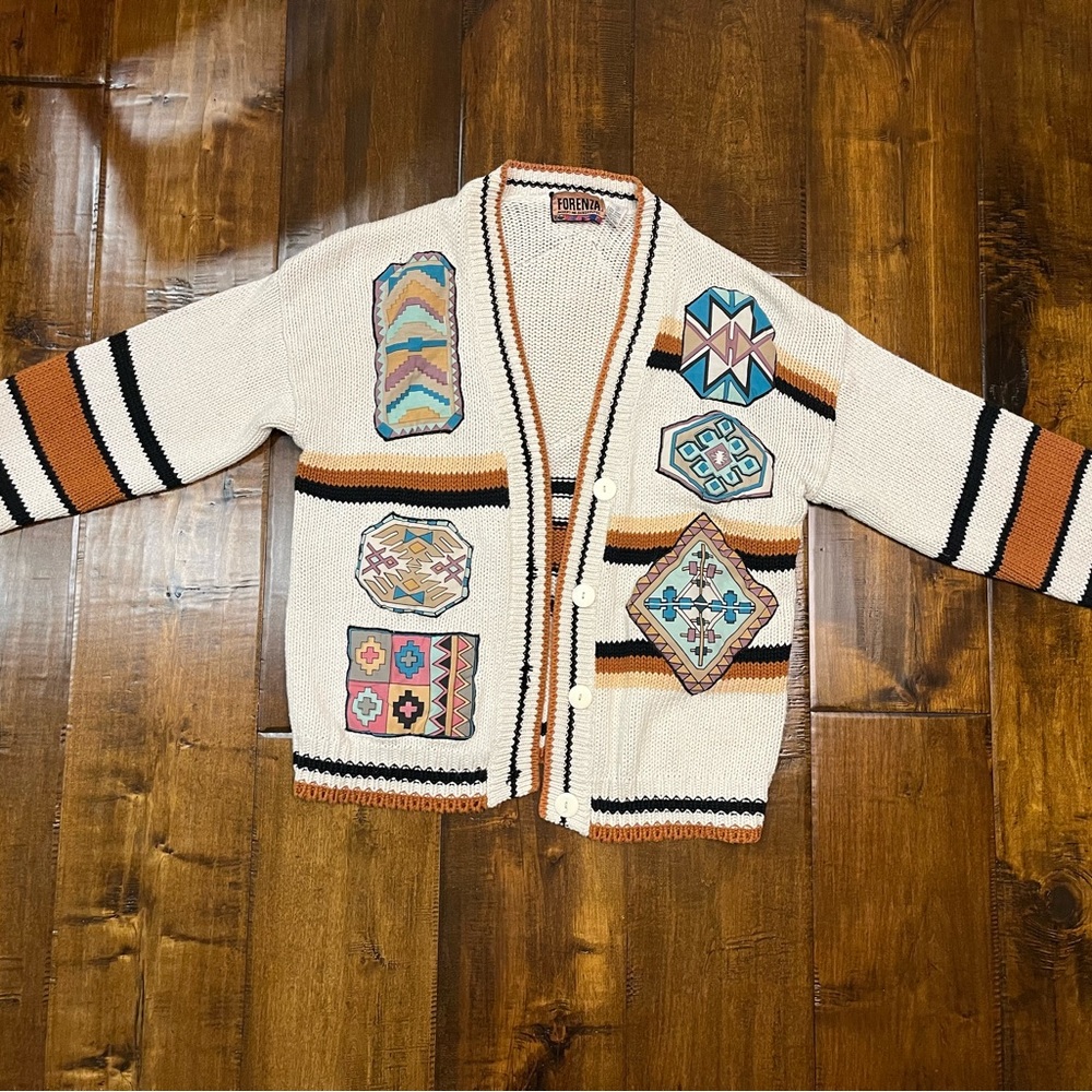 Forenza Vintage Sweater V-Neck Tribal Aztec Boho Tribal Small VTG Retro